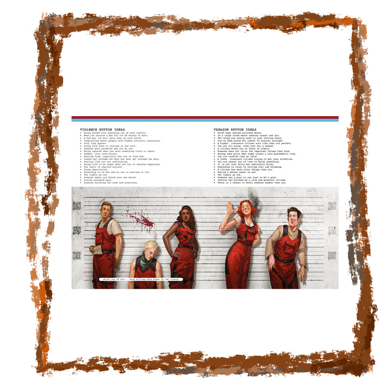 Magazine page with illustrations of people in red jumpsuits against a white wall.
