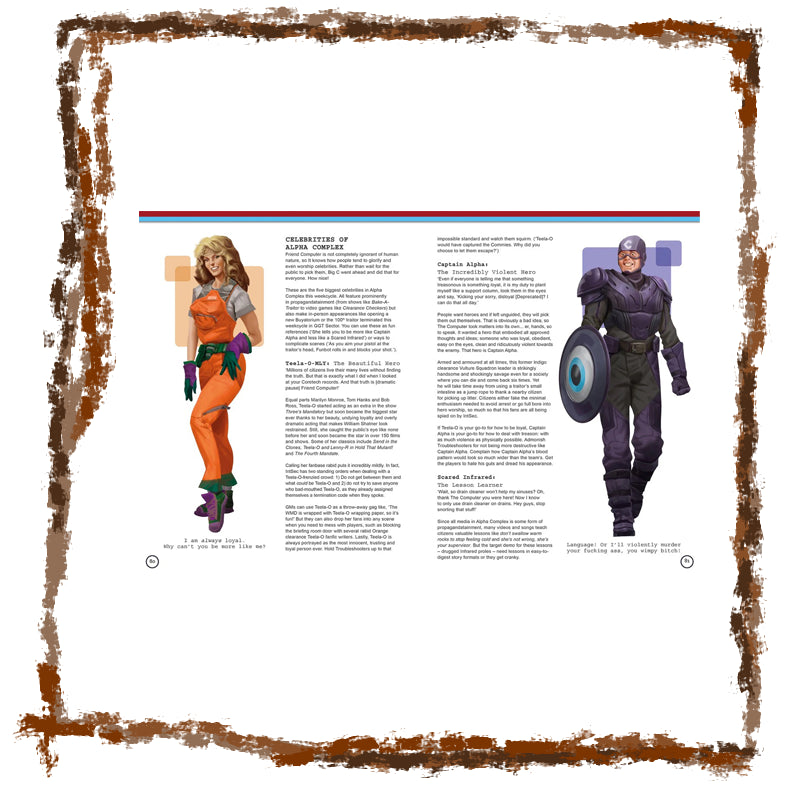Illustrations of a superhero and a sidekick on a page with text, framed with a brown border.