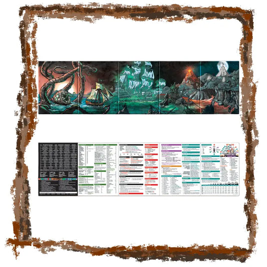 Fantasy-themed GM screen with illustrations of a ship, octopus, and other elements, framed with a decorative border.