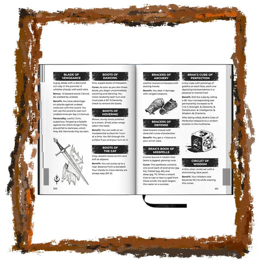 Open book with game rules or descriptions, framed with a brown border.