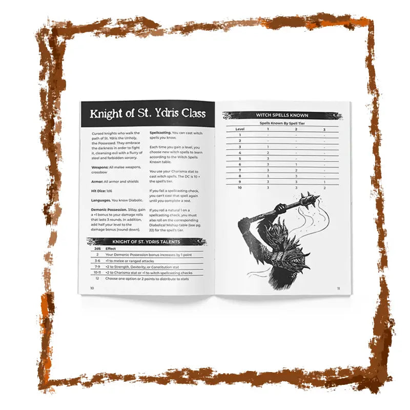 Open book showing a character class description with a silhouette illustration on a white background.