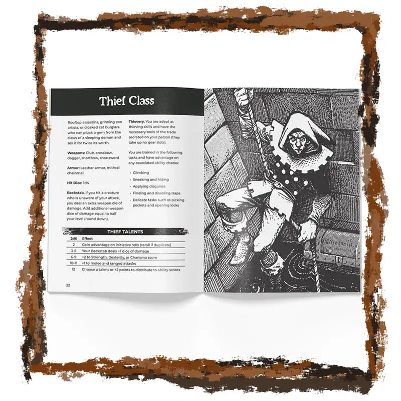 Open book showing a page about 'Thief Class' with an illustration of a thief.
