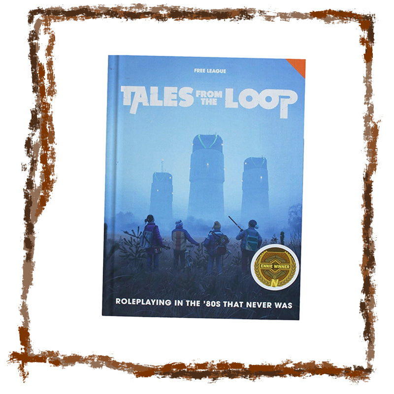 Book titled 'Tales from the Loop' with a blue cover and silhouette design.