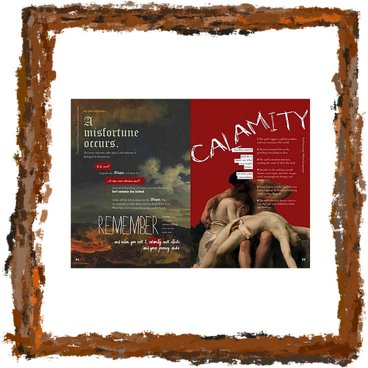 A magazine or book spread preview with a distressed brown rustic frame around it. The page shows two editorial columns: the left is dark and dramatic with the headline 'a misfortune occurs.