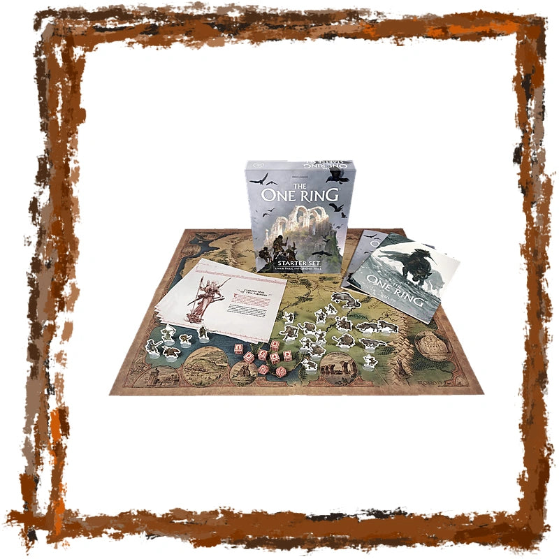 The One Ring tabletop gaming starter set displayed on a white background with a rustic brown frame. The set includes the main game board, the game box, a character card, a weapon card, and various game pieces and tokens.