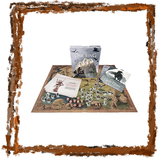 The One Ring tabletop gaming starter set displayed on a white background with a rustic brown frame. The set includes the main game board, the game box, a character card, a weapon card, and various game pieces and tokens.