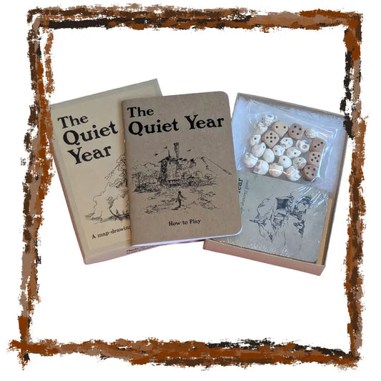 A book titled 'The Quiet Year' and a box of game pieces on a white background.