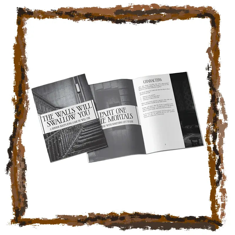 Open book with text on a white background, framed with a brown border.