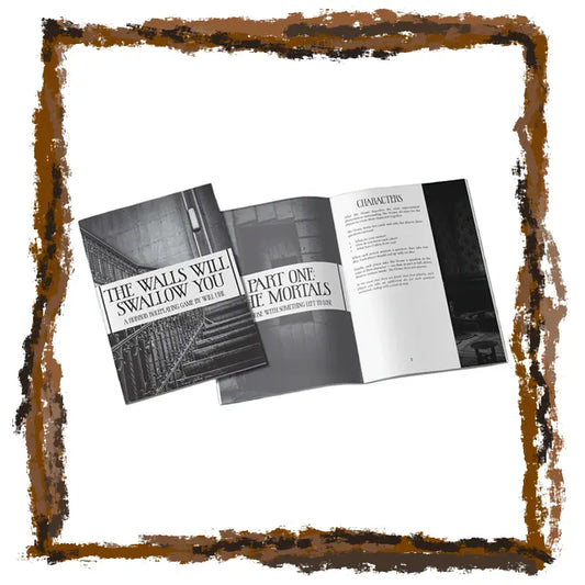 Open book with text on a white background, framed with a brown border.