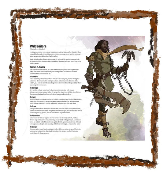 Illustration of a character from a fantasy setting with text on a decorative border.