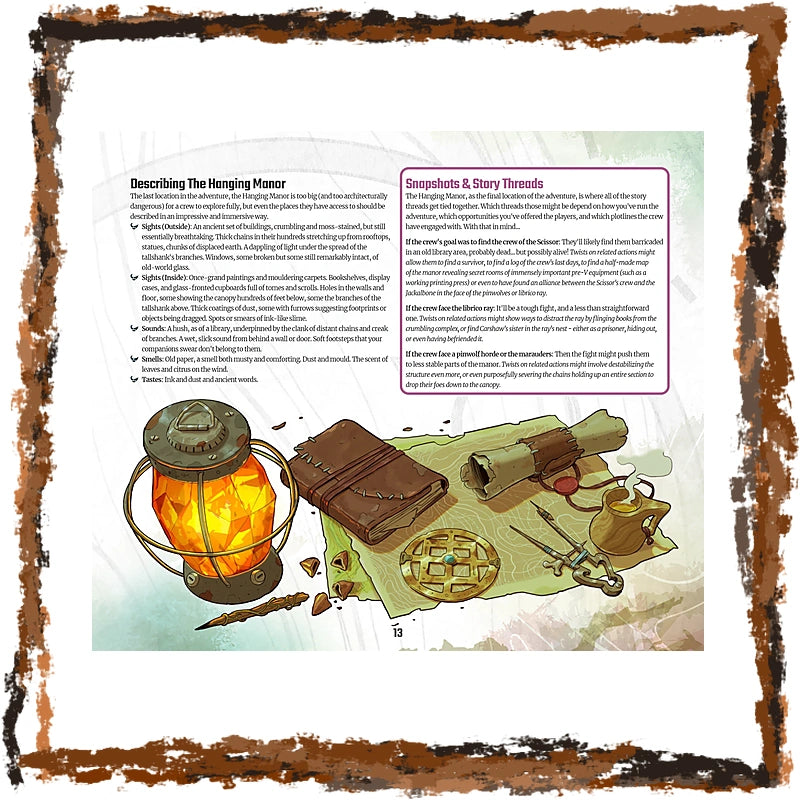 A printed educational poster or booklet page with illustrated travel-themed objects including a lantern, map, journal, and teapot, alongside text boxes titled 'Describing the Winding Manor' and 'Snaphshot & Story Threads.' The page is framed by a distressed brown border on a white background.
