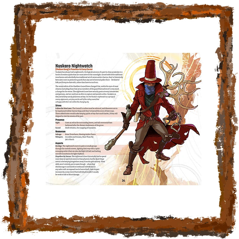 A printed character card for Nuskaro Nightwatch from a fantasy tabletop game, featuring illustrated artwork of a hooded figure in red and brown clothing with a blue face covering, surrounded by a distressed brown border on a white page.