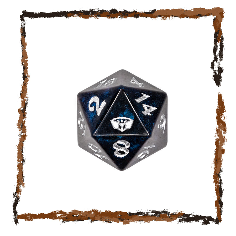D20 polyhedral dice with blue and silver numbering on a white background