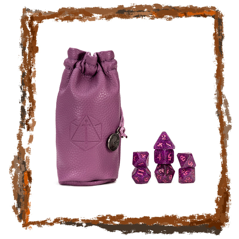 Purple dice bag with purple dice on a white background