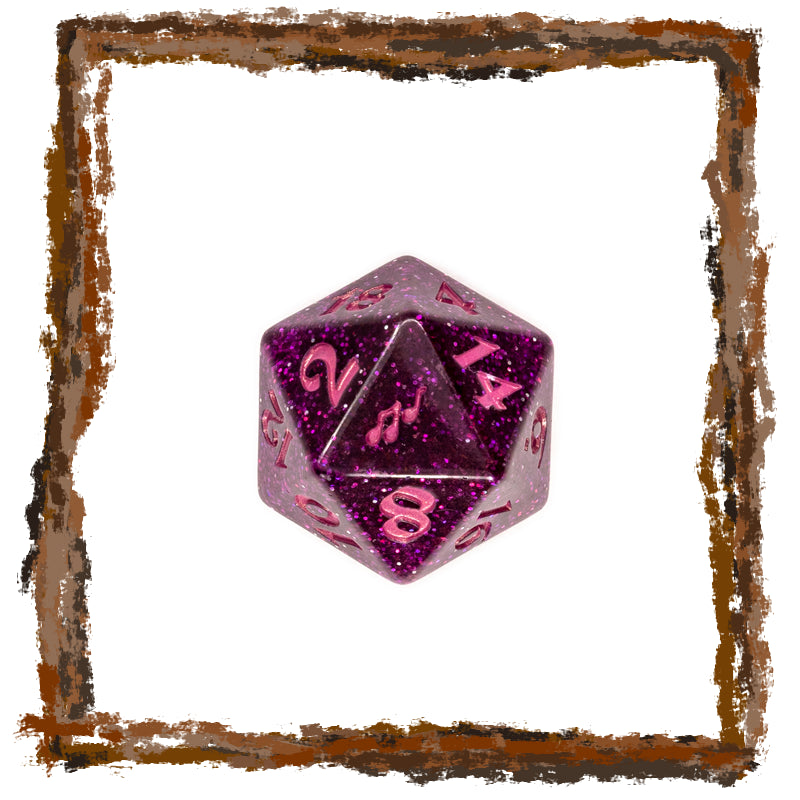 Purple polyhedral dice with numbers on a white background