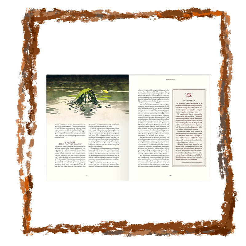 An open book featuring a sinister sketch of a creature emerging from the water