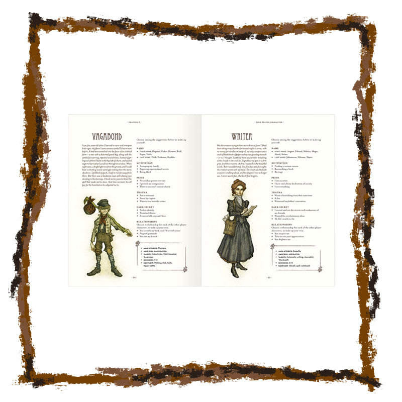 Book page with illustrations of a Viking and a writer, framed with a decorative border.