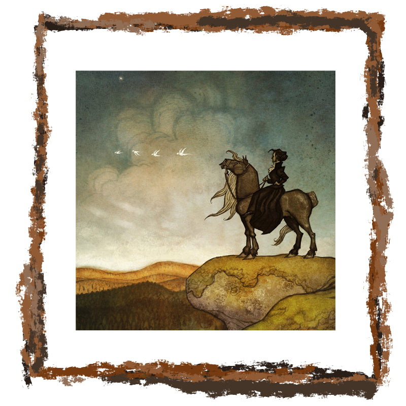 Artistic depiction of a person on horseback with a scenic background, framed with a textured border.
