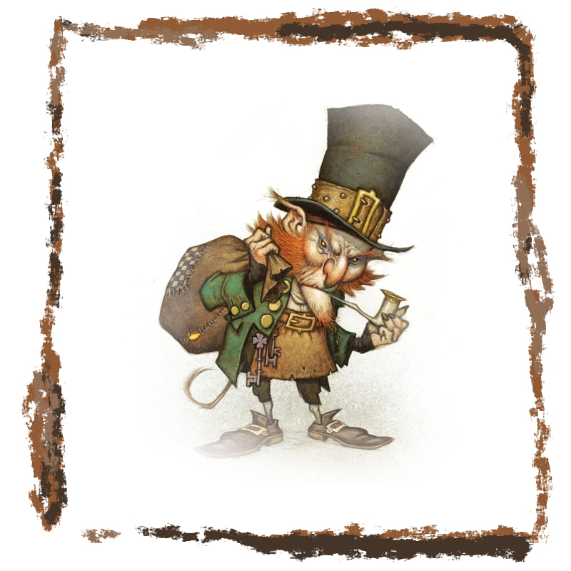 Cartoon leprechaun character with a top hat and backpack in a decorative frame.