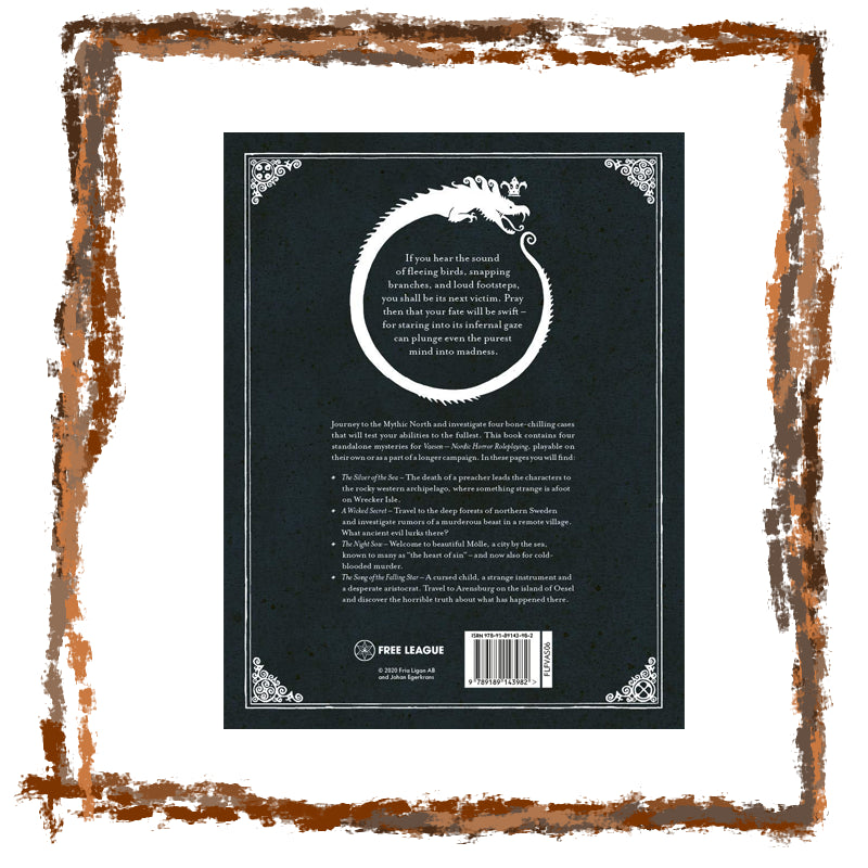 Back cover of a book with text and a dragon logo, framed by decorative elements.