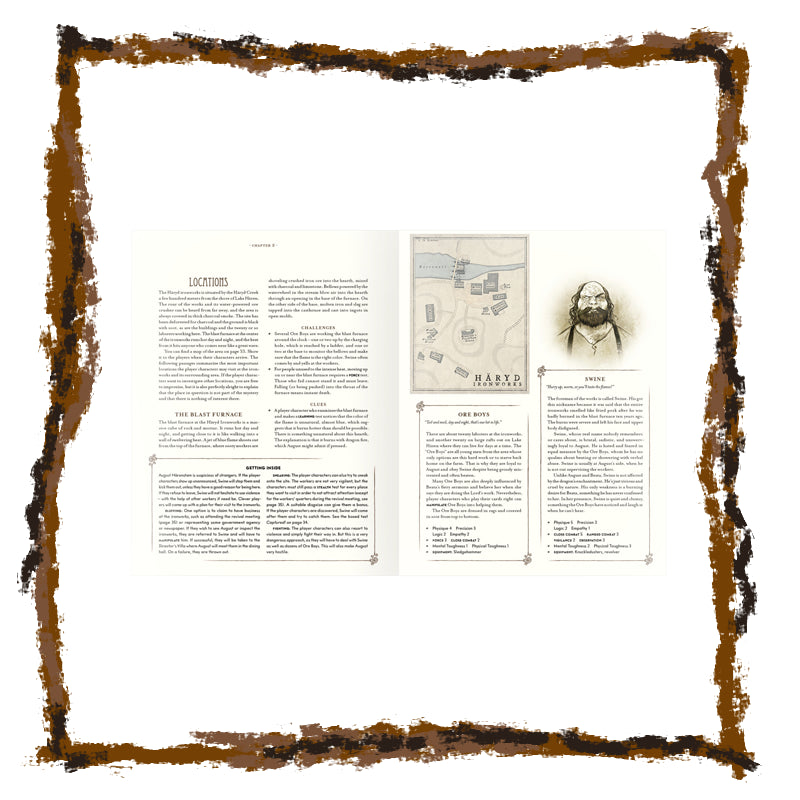 Document with text and a map, framed with a brown border