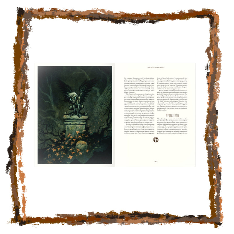 Illustration of a winged creature on a pedestal with text on a white background, framed with a brown border.