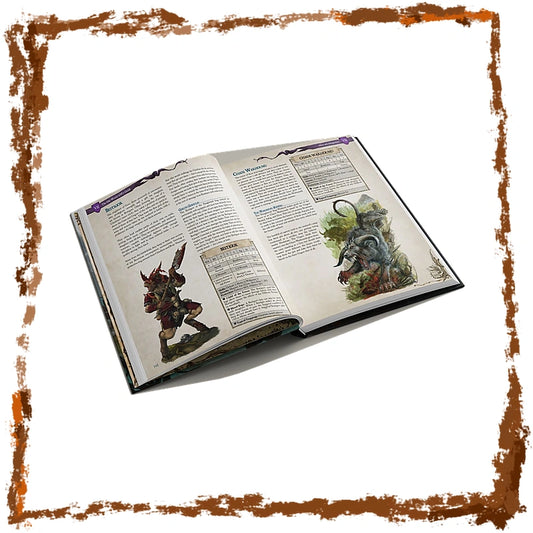 An open fantasy reference book or rulebook displayed on a white background with a distressed brown border. The book pages show printed text, tables, and illustrated character and creature artwork.