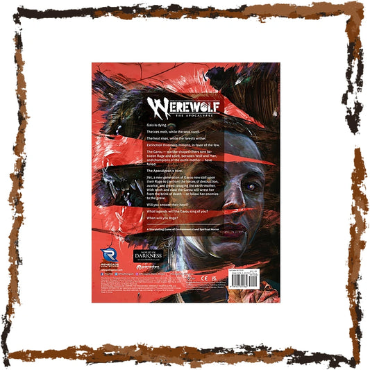 The back cover of the board game Werewolf: The Apocalypse, featuring dramatic red and black artwork with a wolf head and a human face, shown centered on a white background with a distressed brown border.