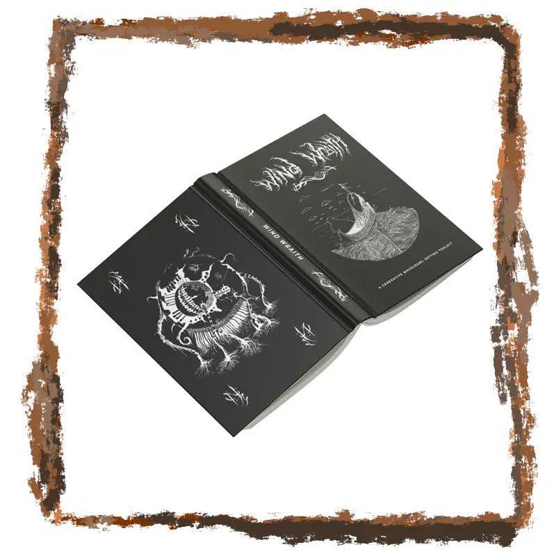 Black book with white designs and text on a white background