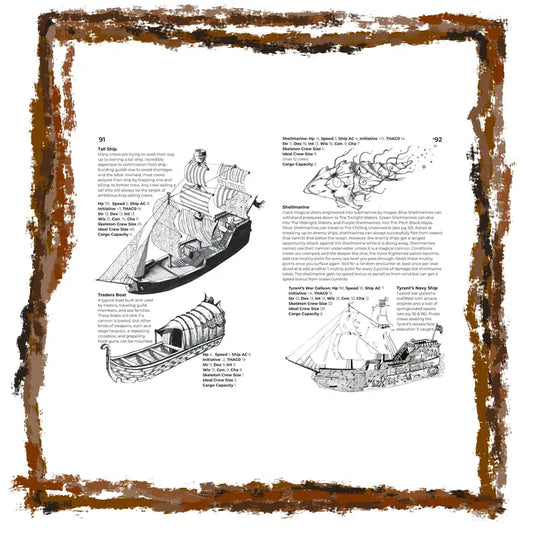 Illustrations of historical ships on a page with text, framed by a decorative brown border.