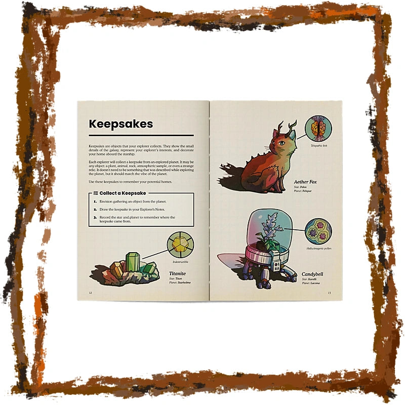 An open illustrated booklet or card set showing the 'Keepsakes' section, with vintage-style drawings of fantasy creatures and small circular collectible pieces placed beside the pages. The booklet is centered on a white background with a rustic brown painted border around the edges.