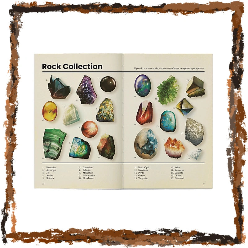 An open printed booklet titled "Rock Collection" showing illustrated gemstones and crystals on both pages, with a rustic brown textured border around a white background.