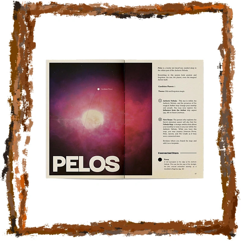 An open booklet or instruction manual laid flat on a white background, showing a space-themed cover page with the word 'PELOS' in large white letters over a purple and pink nebula image, alongside printed text on the right page. The booklet is centered within a distressed rust-colored square border.