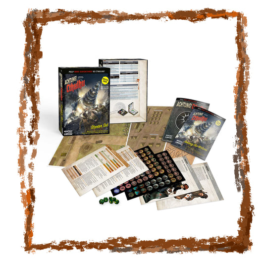 Collection of tabletop game components including a box, cards, and printed materials on a white background.