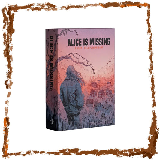 A boxed book or game cover titled "ALICE IS MISSING" shown at a slight angle on a white background with a distressed brown border around the edges. The cover art depicts a hooded figure seen from behind standing in a field, with a pink and purple sky, barren tree branches, and scattered house-like forms.