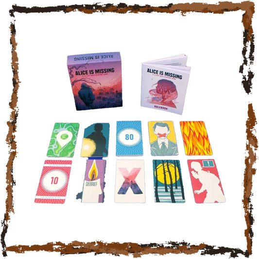 A card game set titled 'Alice Is Missing' displayed on a white background with a distressed brown border. The set includes a purple box, a small booklet, and ten colorful illustrated cards showing various abstract and symbolic designs.