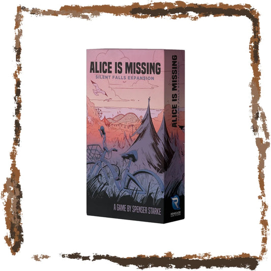 The board game box for 'Alice Is Missing: Silent Falls Expansion' by Spenser Starke, featuring a stylized illustration of a tent, bicycle, and figures in a pink, purple, and blue-toned landscape. The box is centered on a white background with a distressed brown border.