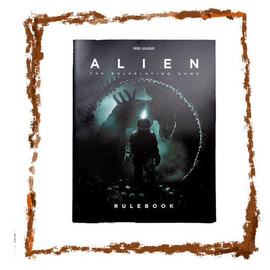 Alien rulebook cover with a silhouette of a person facing an alien creature, framed by a brown border.