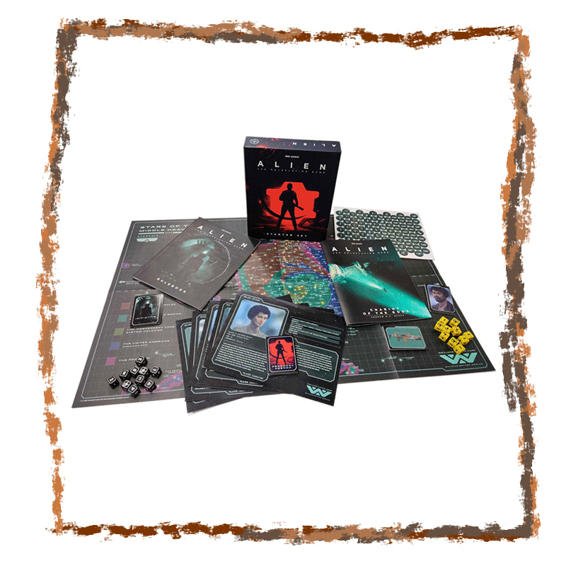 Board game set with 'Alien' theme including cards, pieces, and box on a white background.
