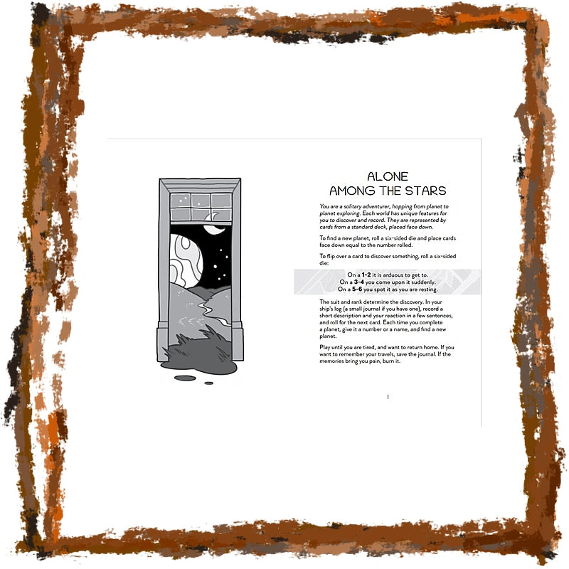 A square printed card or booklet page with a rusted metal frame around it, featuring a small black-and-white illustration of an open door and the title 'ALONE AMONG THE STARS' with several paragraphs of text on a white background.