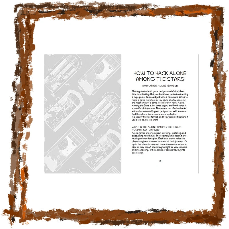 A printed booklet or guide page with a white background, a rust-colored rough border, a faint gray line drawing of a spaceship in the left column, and black text on the right titled 'HOW TO HACK ALONE AMONG THE STARS (AND OTHER ALONE EXPEDITS)'.