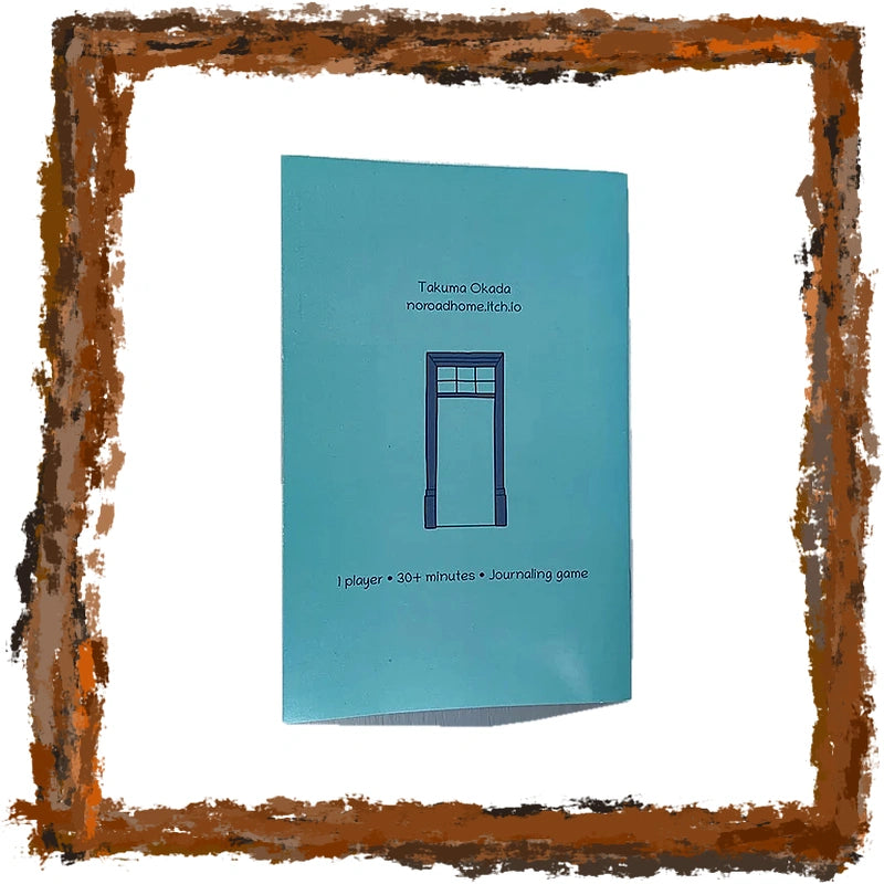 A light blue booklet or game cover with black text reading 'Takuma Okada Homeshore Kitoo' and a simple door illustration, centered on a white background with a rustic brown frame around the edges.