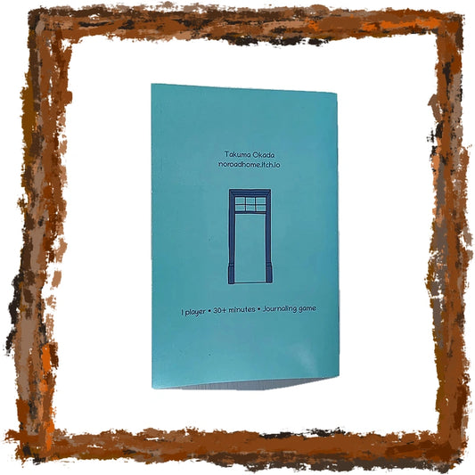 A light blue booklet or game cover with black text reading 'Takuma Okada Homeshore Kitoo' and a simple door illustration, centered on a white background with a rustic brown frame around the edges.