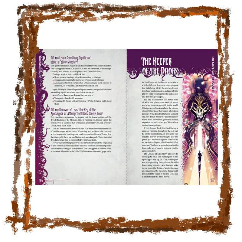 Book page with text and illustration of a character in a fantasy setting, framed with a decorative brown border.