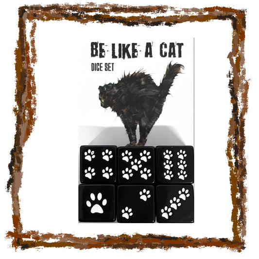 Dice set with paw prints and a black cat illustration on a white background
