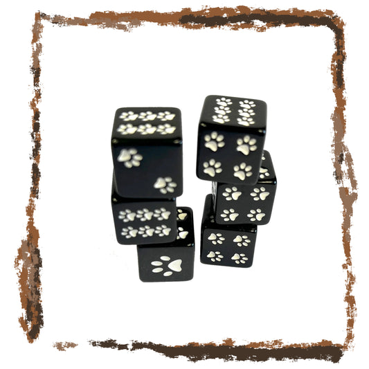 Black dice with paw prints on a white background