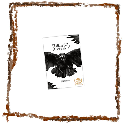 Book with a crow illustration on a white background, framed by a brown border.