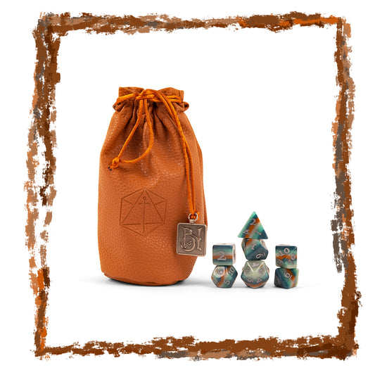 Brown drawstring bag with dice and dice holder on a white background