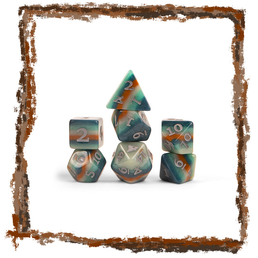 Set of colorful polyhedral dice on a white background with a brown decorative border.