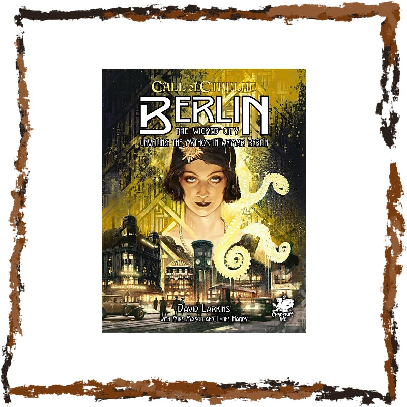 Call of Cthulhu - Berlin tabletop gaming box cover art, featuring an Art Deco style illustration of a woman in a flapper hat with swirling golden light over a vintage cityscape, centered within a distressed brown and black border on a white background.